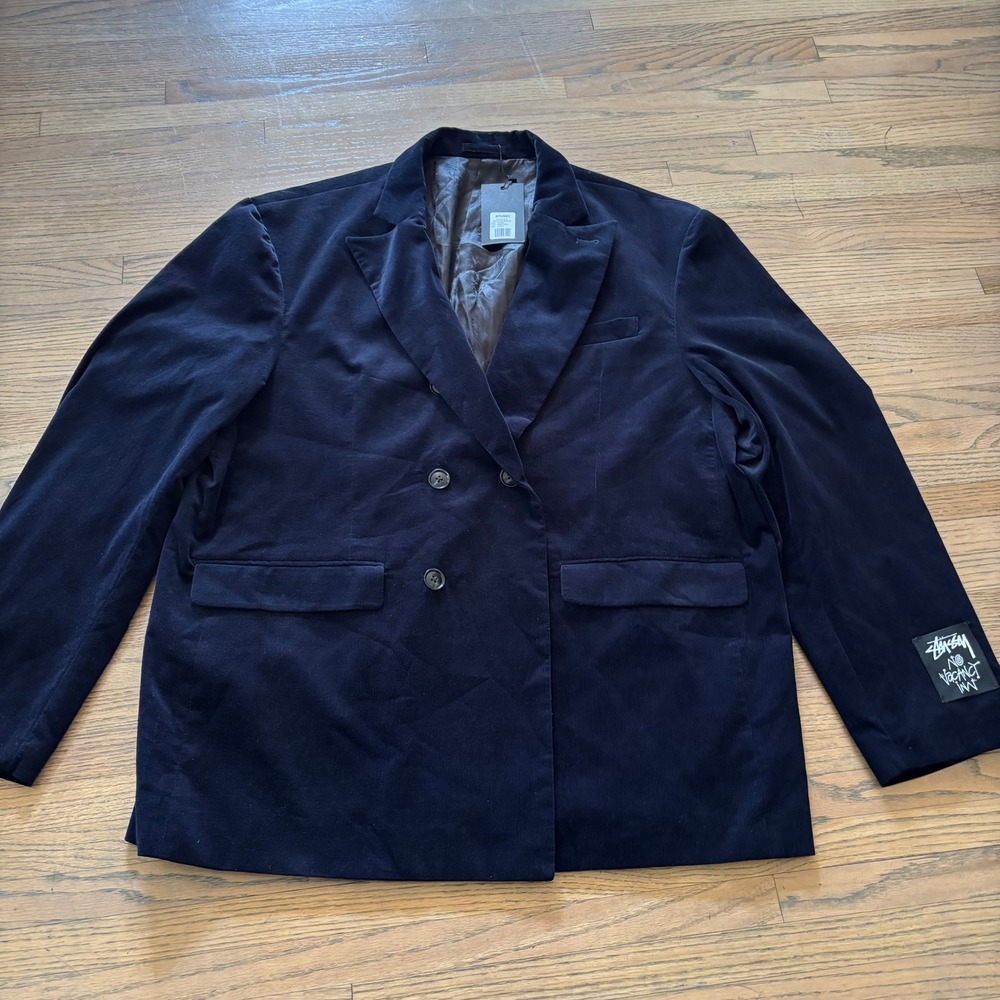 Stussy x No Vacancy Inn Double Breasted Blazer Dark Navy Corduroy Large NEW